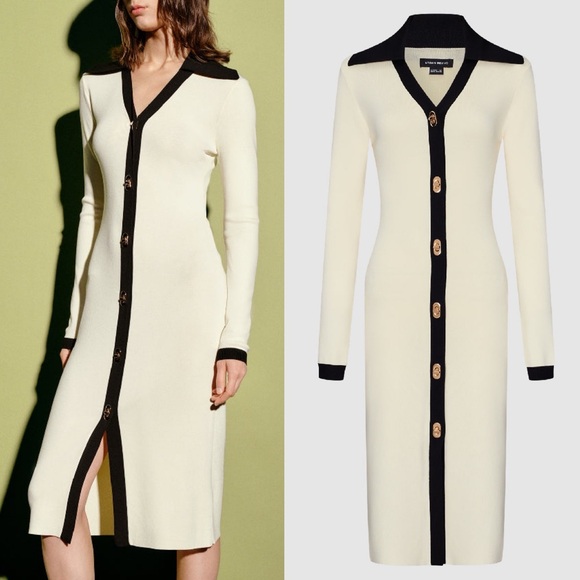 Urban Revivo Dresses & Skirts - Urban Revivo luxe Ivory off white & black contrast midi dress twist lock buttons